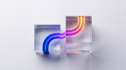 Fototapeta premium Top Down Overhead View of Two Transparent Glass Cubes with Glowing Neon Light Curves in Blue Purple and Orange Gradient Transitioning Through Blocks for Modern Abstract Technology Concept Background