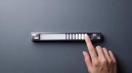 Fototapeta premium Overhead shot of a hand interacting with a futuristic progress bar transitioning from the year 2026 to 2027, symbolizing future planning, goal setting, and the passage of time in business.