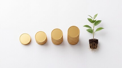 Fototapeta premium Top down view of stacks of gold coins increasing in height representing financial growth and investment progress next to a green sprout plant with roots on a clean white background.