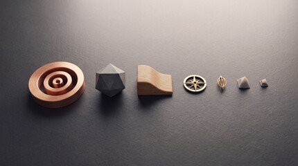 Fototapeta premium Minimalist collection of geometric objects featuring metal rings, a faceted polyhedron, wooden curve, and marble pyramids arranged in a row on a dark textured background for creative design.