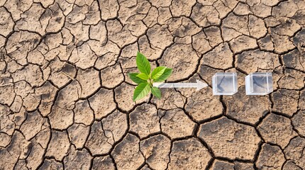 Fototapeta premium High angle view of a small green sprout growing on dry cracked soil with a white arrow pointing towards glass cubes, representing sustainable growth, hope, and environmental transformation.