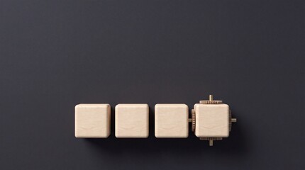 Fototapeta premium Minimalist Top Down View of Wooden Blocks with Integrated Gear Mechanism Representing Automation Industrial Innovation and Efficiency Concept on Dark Background for Business Growth