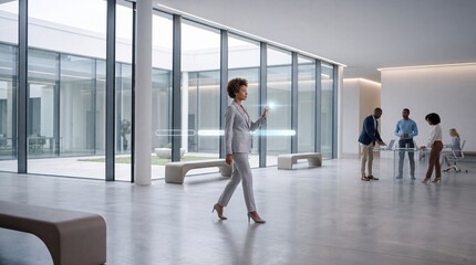 Fototapeta premium Professional businesswoman walking in a modern minimalist office atrium while interacting with a glowing digital holographic augmented reality interface for business management and data analysis