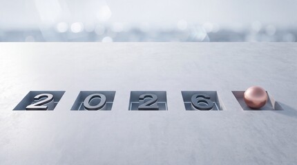 Fototapeta premium 2026 New Year Concept with 3D Numbers Engraved in Stone Surface and Copper Sphere Against Blurry City Bokeh Background, Representing Future Goals, Planning, and Upcoming Business Success Banner