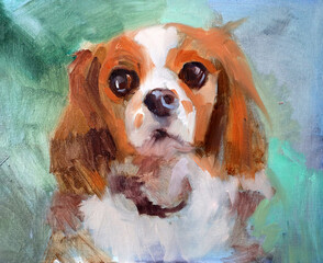 Ritratto artistico in primo piano di un cane Cavalier King Charles Spaniel bianco e arancione con grandi occhi scuri, dipinto ad olio in stile espressionista su sfondo verde e azzurro © Ilarialapreziosa