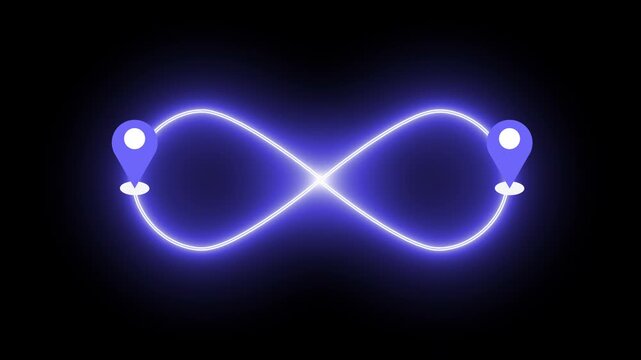 4K Neon Infinity Route with Map Pin on a black background. Glowing Infinity GPS navigation route for delivery services, Online shops, UI, Buying process, and Business Marketing.
