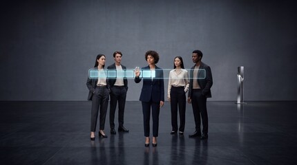 Fototapeta premium Diverse team of professional business people standing in a minimalist dark studio environment while a woman leader interacts with a futuristic glowing holographic interface and digital data hud.