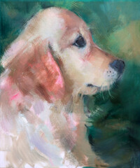 Ritratto artistico di profilo di un cucciolo di cane Golden Retriever o Cocker Spaniel, dipinto ad olio in stile espressionista su sfondo verde scuro © Ilarialapreziosa