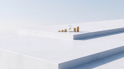 Fototapeta premium Conceptual minimalist 3D illustration of growing gold coin stacks and a green plant sprout protected under a glass dome on white marble steps, representing sustainable investment and wealth growth.