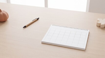 Fototapeta premium Minimalist desk setup with blank spiral calendar planner, pen, and autumn decorations on a light wooden background, perfect for scheduling, time management, and fall season organization.