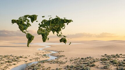 Fototapeta premium Conceptual 3D rendering of the world map created from lush green trees and forests floating over a vast arid desert landscape with a winding river, symbolizing global ecology and reforestation.