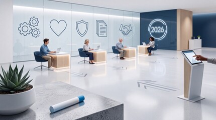 Fototapeta premium Diverse group of professionals working in a futuristic bank or modern service center lobby featuring digital icons for security, partnership, and healthcare in a 2026 concept office interior.