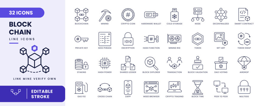 Blockchain line editable icon set. Containing crypto coin, mining, node, smart contract, token, wallet, ledger, and more. Vector illustration