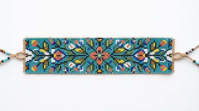 Native American beadwork jewelry with intricate floral design on a white background