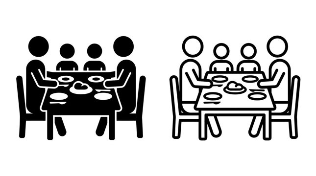 Family having lunch at dining table vector icon set with children