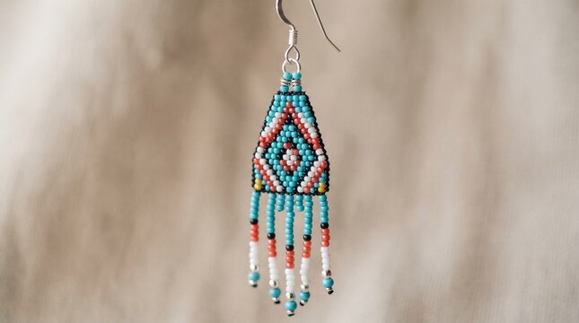 Native American beadwork earring colorful design with fringes on neutral background