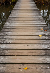 Fototapeta premium Mindfulness and tranquility wooden pier over calm water with autumn leaves for meditation nature escape travel journey and peaceful solitude