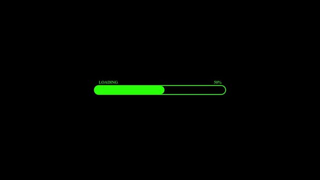Animated minimal icon overlay of loading progress bar filling from 0 to 100 percent on black background. Symbol of download, update, buffering or digital loading screen. green color icon bar.