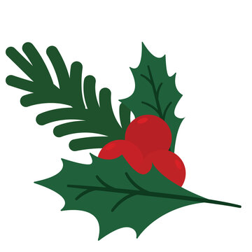 Pine Tree Branch with Holly Berries Clipart