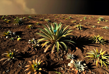 Fototapeta premium Extraterrestrial landscape with alien flora, space exploration and exoplanet discovery concept, barren desert terrain on a distant planet surface