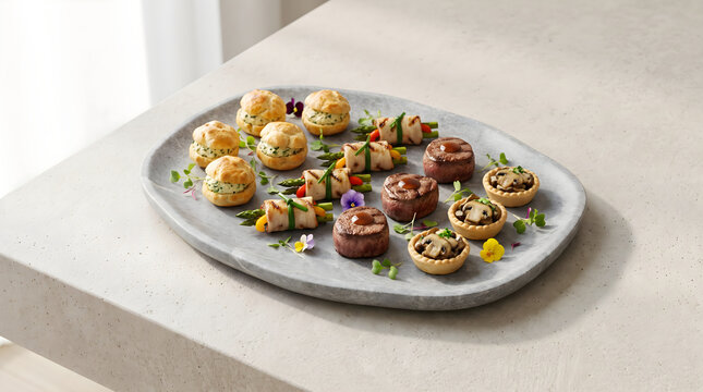 A gourmet platter of assorted fine appetizers including mini steaks and pastries on a light stone table
