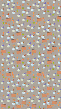Seamless pattern of briefcases, scales, and fruits