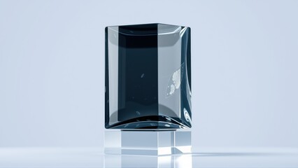Fototapeta premium Glass cube reflects space. Dark interior shows galaxy, stars. Minimalist studio shot, clean background, elegant design.