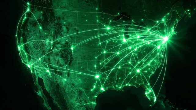衛星視点のアメリカ本土上空に広がる航空路線ネットワークのCG映像