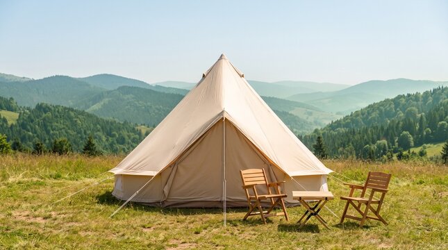 Large Bell Tent Glamping Setup with Wooden Chairs and Table in Scenic Green Mountain Landscape - Eco-Tourism Outdoor Adventure Photography
