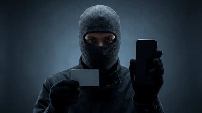 Betr&uuml;ger mit Skimaske h&auml;lt gestohlene Bankkarte und Smartphone im Dunkeln - Cyberkriminalit&auml;t und Finanzbetrug Konzept Fotografie.