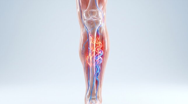 3D Medical Illustration of Transparent Human Leg Showing Varicose Veins and Inflamed Blood Vessels - Vascular Health Anatomy Photography