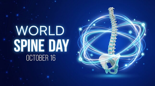 .World Spine Day concept: glowing anatomical human spine hologram beside the lettering World Spine Day October 16 during a global health awareness campaign on a blue background