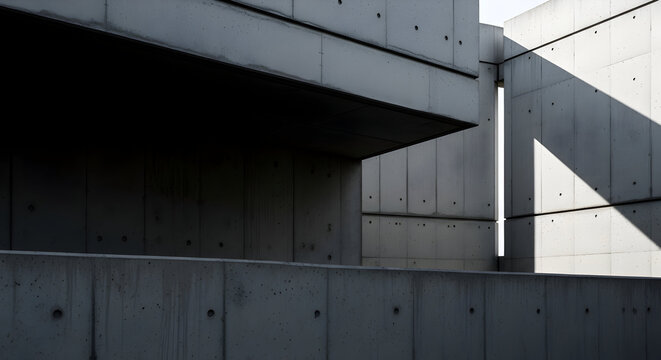 Modern Concrete Architecture with Geometric Forms and Dramatic Shadows Creating a Stark Urban Atmosphere in a Minimalist Setting
