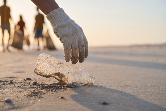 Concept de nettoyage de plage : main de b&eacute;n&eacute;vole gant&eacute;e ramassant une bouteille en plastique abandonn&eacute;e sur le sable lors d'une action &eacute;cologique au cr&eacute;puscule avec des volontaires flous en arri&egrave;re