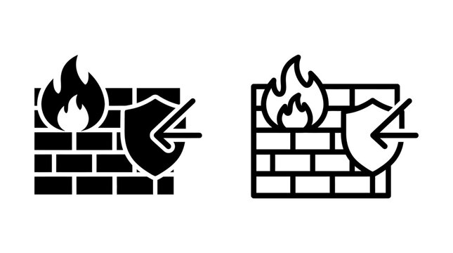 Firewall security shield protection icons with brick wall and flame
