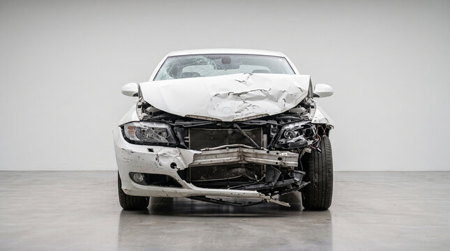 a severely damaged passenger car after a traffic accident, front view of a crashed white car, isolated on pure white background