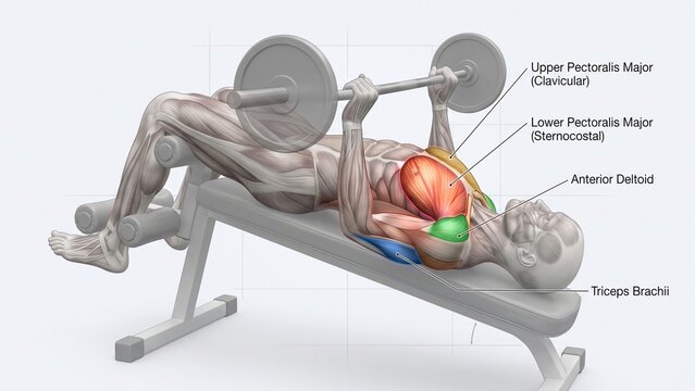 Decline Barbell Press Exercise Diagram Detailed Muscle Anatomy of Lower Chest and Triceps