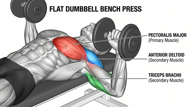 Flat Dumbbell Bench Press Exercise Anatomy Diagram Highlighting Primary and Secondary Muscles