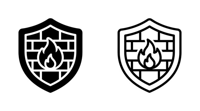 Firewall shield security icons with brick wall and flame design