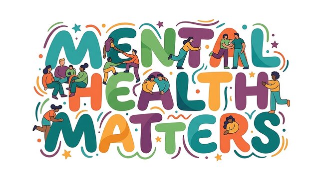 Mental health matters typography with people and stars colorful vector illustration