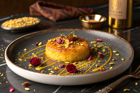 Malpua with saffron rabri elegantly plated in a modern Indian restaurant, caramelized golden pancake texture, pistachio crumbs, rose petals and edible gold accents, dark marble table, warm ambient lig