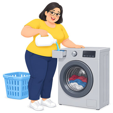 Fat woman washing clothes with a washing machine, cartoon illustration isolated on white background.