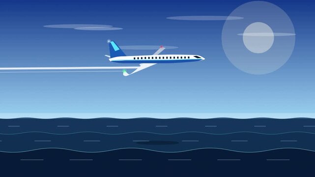pixel art airplane flying over ocean, retro video game animation loop