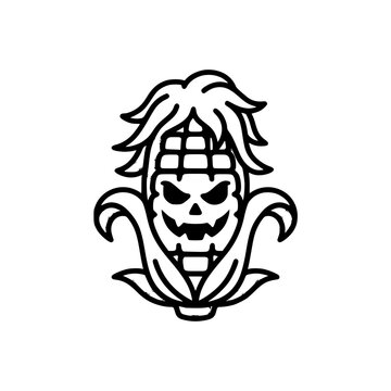 Scary Spooky Halloween Corn Character Line Art Vector Illustration