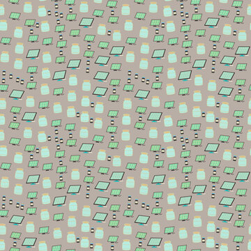 Seamless pattern of computers, solar panels, and jars