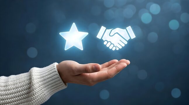 Hand holding star and handshake icons on dark blue bokeh