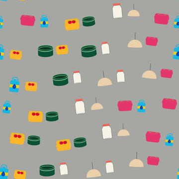 Seamless pattern of food containers, jars, and lamps