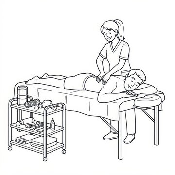 Physiotherapist massaging patient back in clinic line art