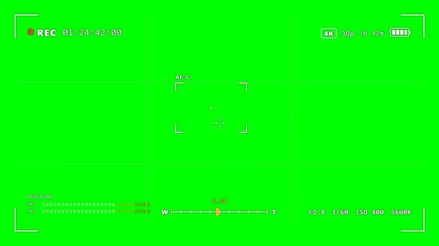 Camcorder viewfinder overlay on green screen with blinking REC, running timecode, autofocus box, audio meters and zoom bar, seamless loop
