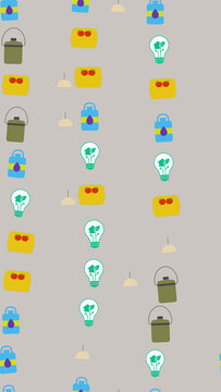 Seamless pattern of icons: buckets, lunchboxes, lightbulbs, lamps
